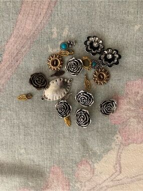 Mixed Metal Buttons and Pendants - Floral & Feather Accents